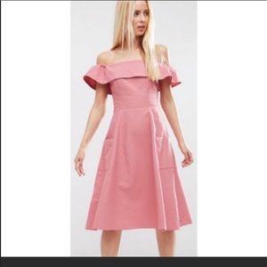 ASOS coral pink off the shoulder midi dress